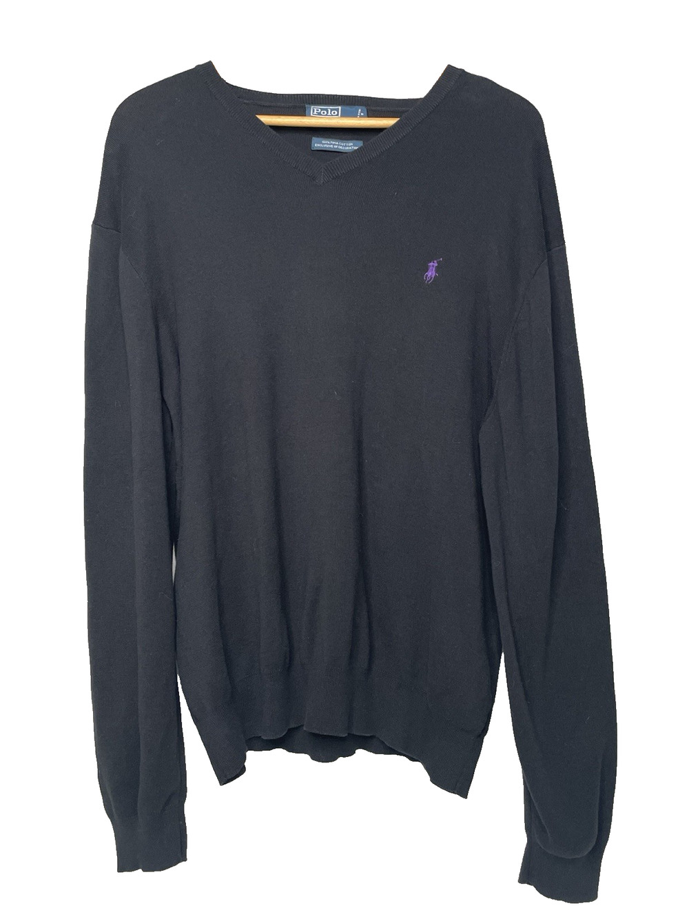 Polo Ralph Lauren Mens M Black Pima Cotton V Neck Sweater Purple Pony